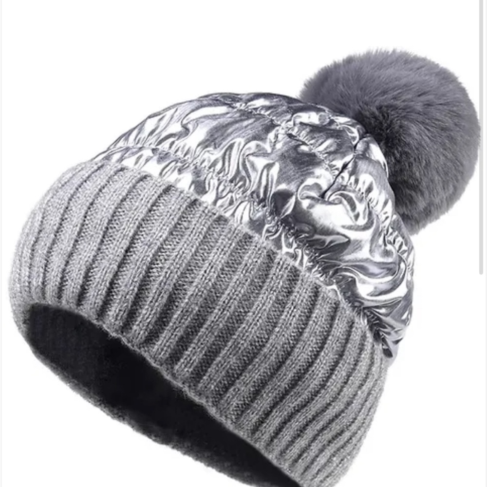 2 metallic puffer beanies with poms